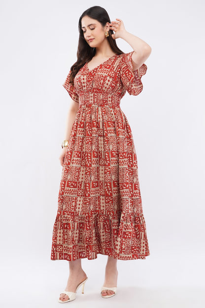 Floral Cotton Antique Rust Long Maxi Dress with Smocked Waist & Ruffle Sleeves