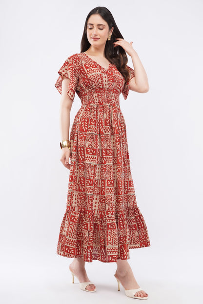 Floral Cotton Antique Rust Long Maxi Dress with Smocked Waist & Ruffle Sleeves