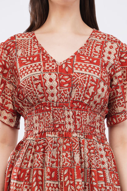 Floral Cotton Antique Rust Long Maxi Dress with Smocked Waist & Ruffle Sleeves