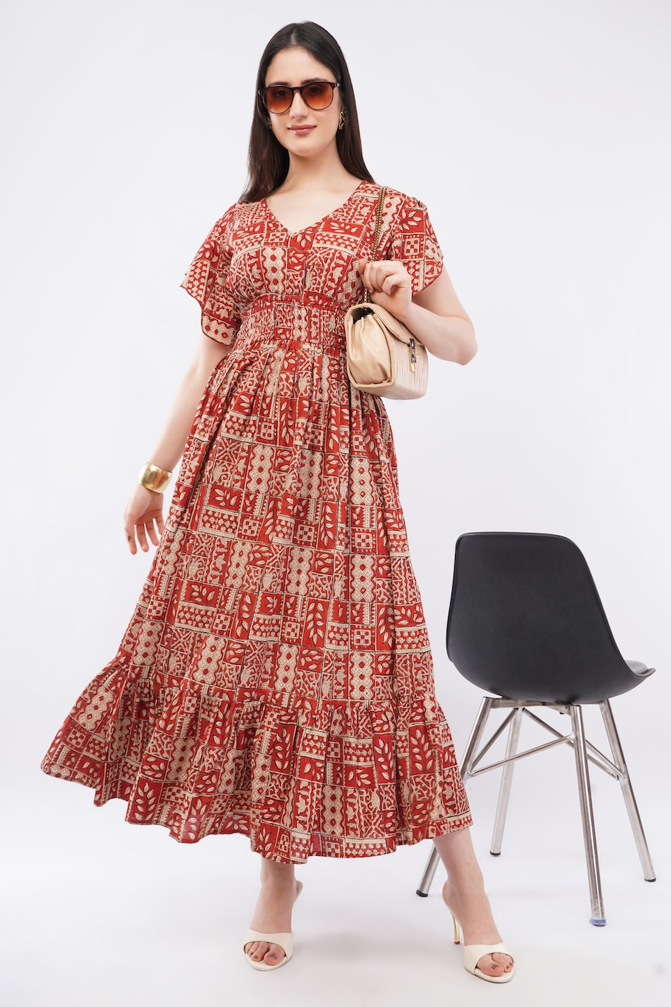 Floral Cotton Antique Rust Long Maxi Dress with Smocked Waist & Ruffle Sleeves