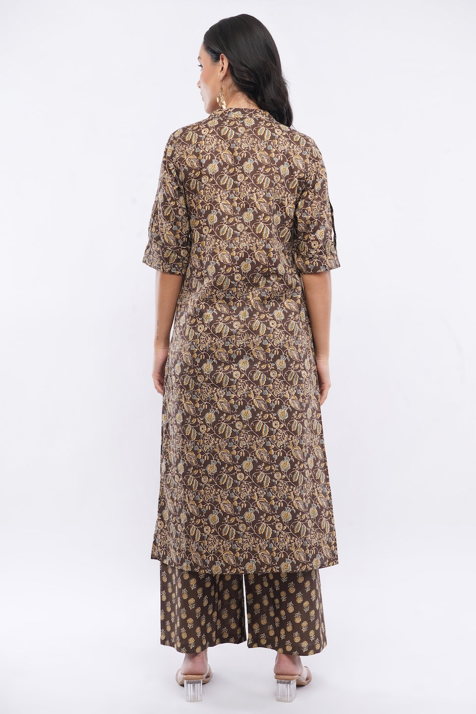 Women’s Brown Floral Ethnic Printed Cotton Kurta Set with Palazzo Pant