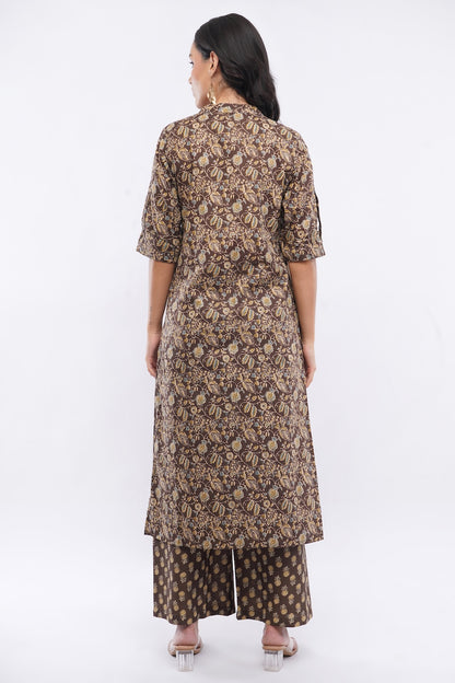 Women’s Brown Floral Ethnic Printed Cotton Kurta Set with Palazzo Pant