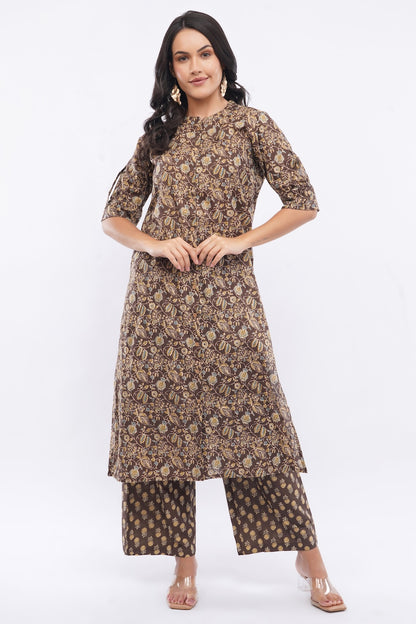 Women’s Brown Floral Ethnic Printed Cotton Kurta Set with Palazzo Pant