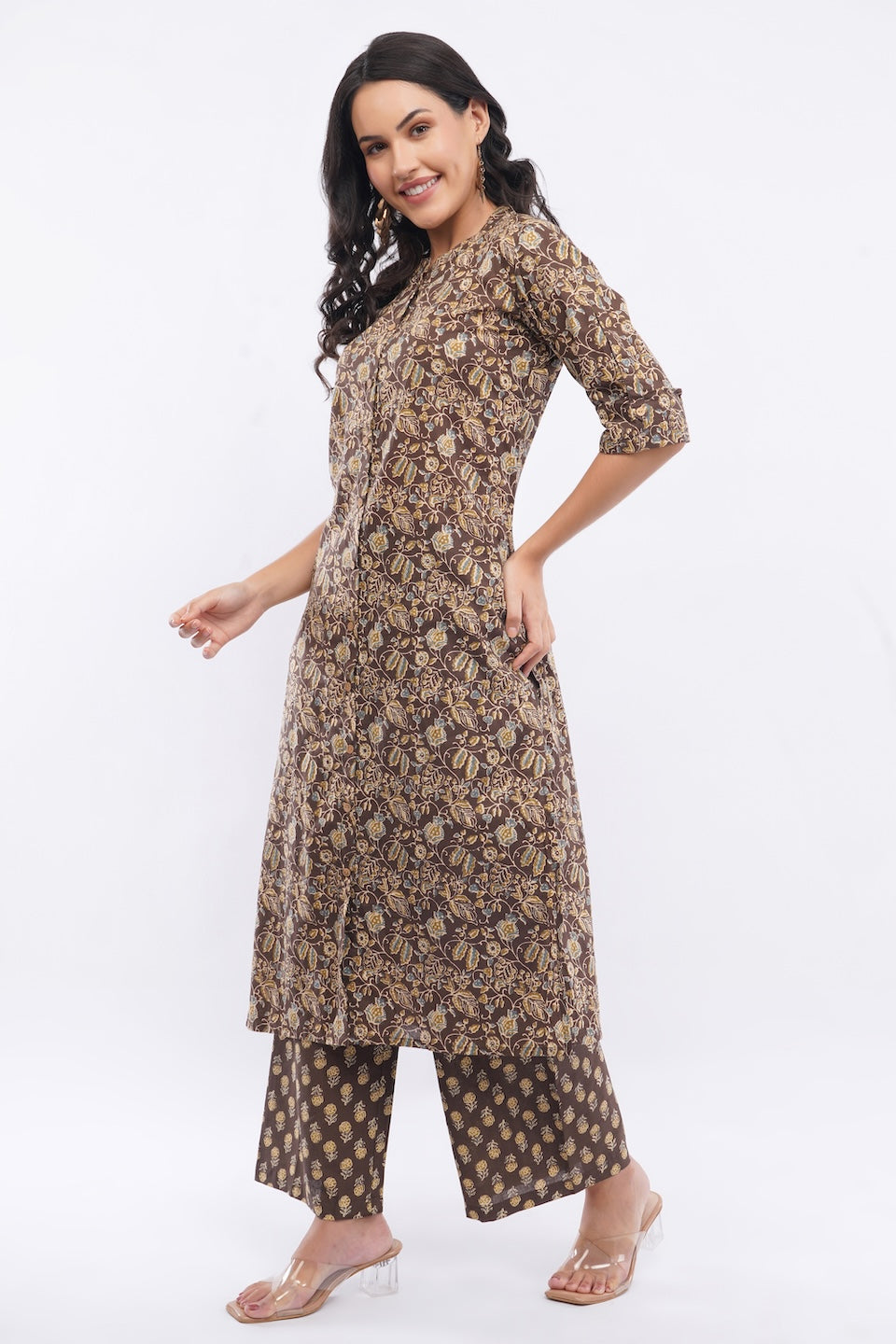 Women’s Brown Floral Ethnic Printed Cotton Kurta Set with Palazzo Pant