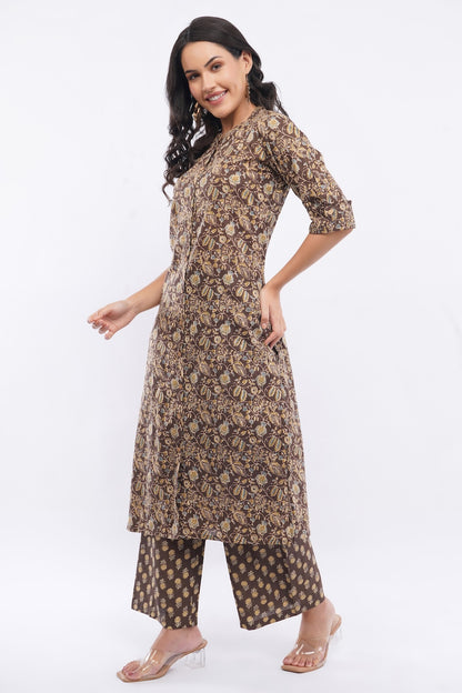 Women’s Brown Floral Ethnic Printed Cotton Kurta Set with Palazzo Pant