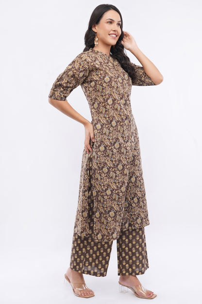 Women’s Brown Floral Ethnic Printed Cotton Kurta Set with Palazzo Pant