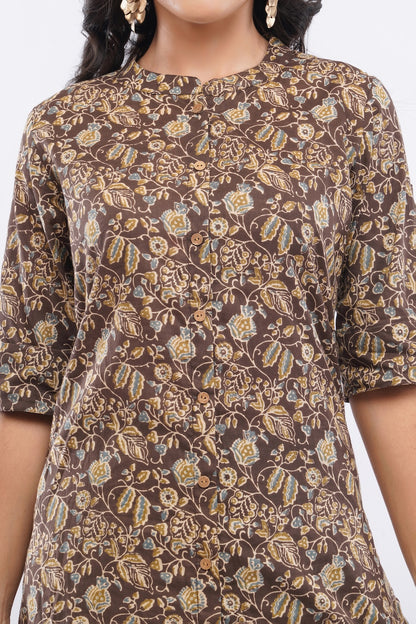 Women’s Brown Floral Ethnic Printed Cotton Kurta Set with Palazzo Pant