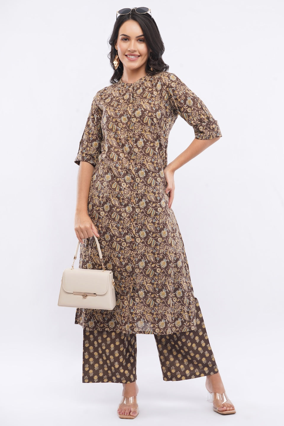 Women’s Brown Floral Ethnic Printed Cotton Kurta Set with Palazzo Pant