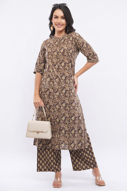 Women’s Brown Floral Ethnic Printed Cotton Kurta Set with Palazzo Pant