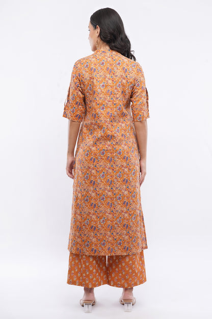 Women’s Mustard Ethnic Printed Cotton Kurta Set with Palazzo Pant