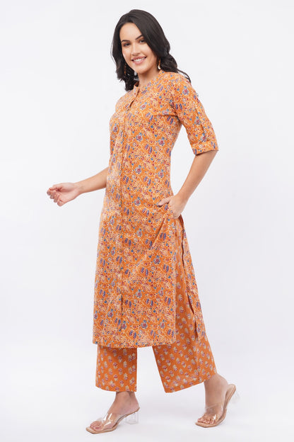 Women’s Mustard Ethnic Printed Cotton Kurta Set with Palazzo Pant