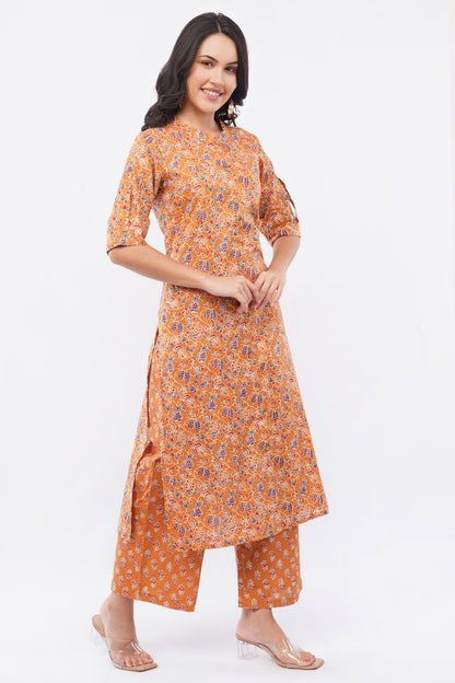 Women’s Mustard Ethnic Printed Cotton Kurta Set with Palazzo Pant
