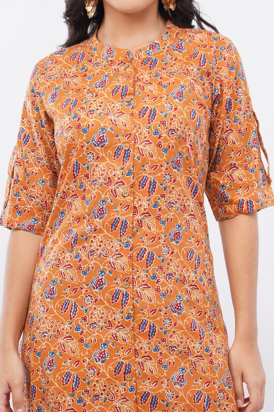 Women’s Mustard Ethnic Printed Cotton Kurta Set with Palazzo Pant