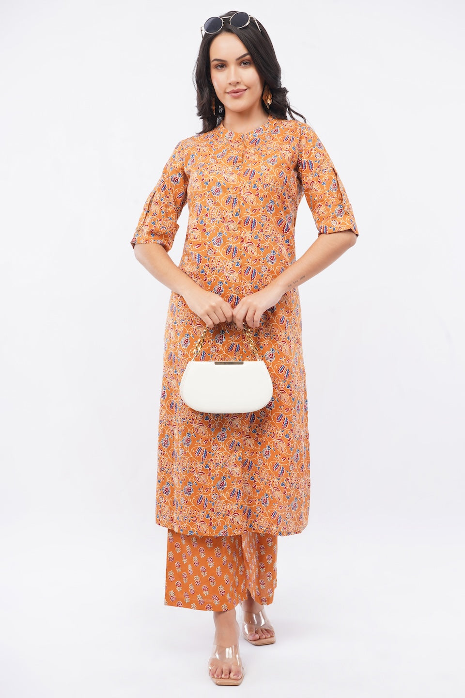 Women’s Mustard Ethnic Printed Cotton Kurta Set with Palazzo Pant