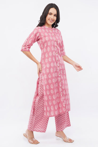 Women’s Pink Ethnic Printed Cotton Kurta Set with Palazzo Pant