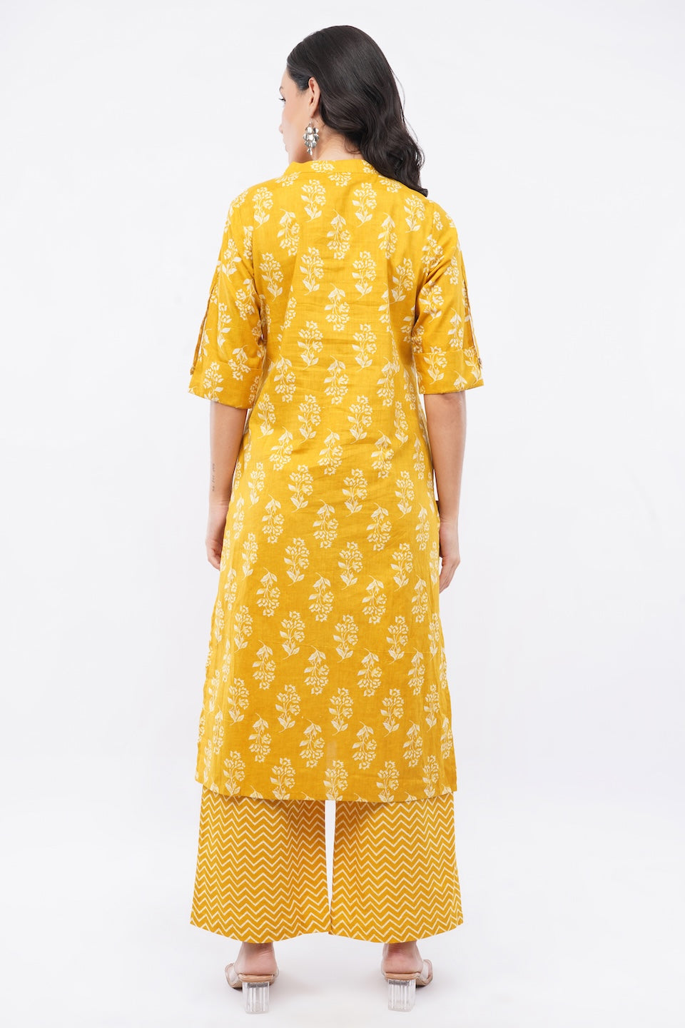 Women’s Yellow Floral Ethnic Printed Cotton Kurta Set with Palazzo Pant
