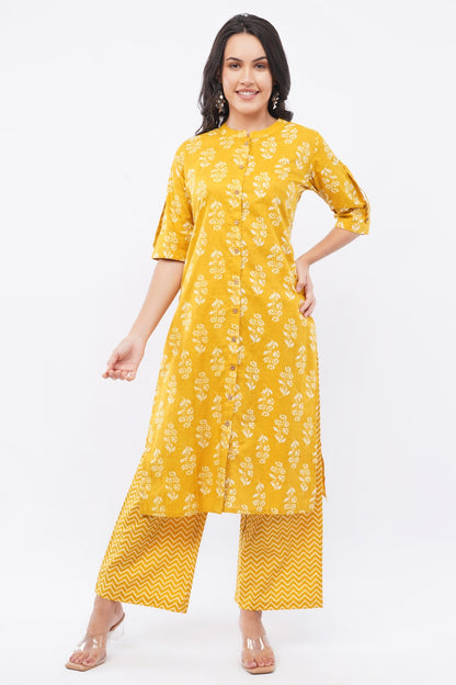 Women’s Yellow Floral Ethnic Printed Cotton Kurta Set with Palazzo Pant