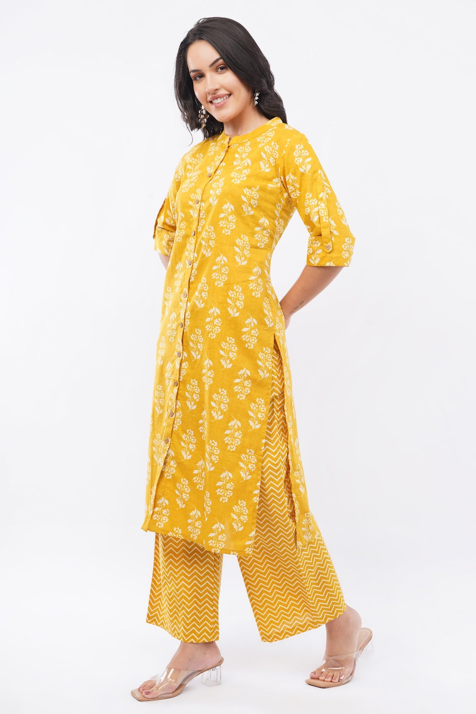 Women’s Yellow Floral Ethnic Printed Cotton Kurta Set with Palazzo Pant