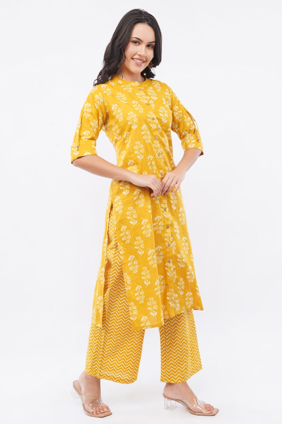 Women’s Yellow Floral Ethnic Printed Cotton Kurta Set with Palazzo Pant