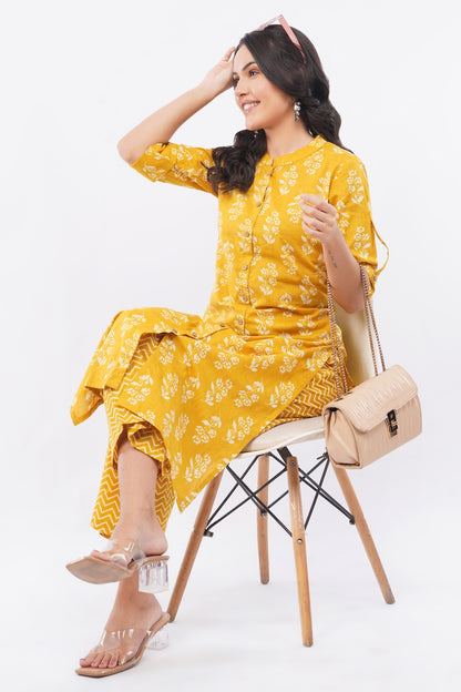 Women’s Yellow Floral Ethnic Printed Cotton Kurta Set with Palazzo Pant