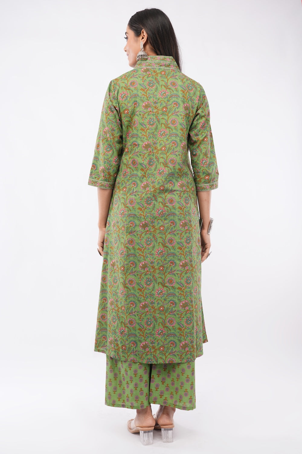 Women Cotton Ethnic Green Printed Anarkali Style 3 Piece Kurti Palazzo Set With Dupatta