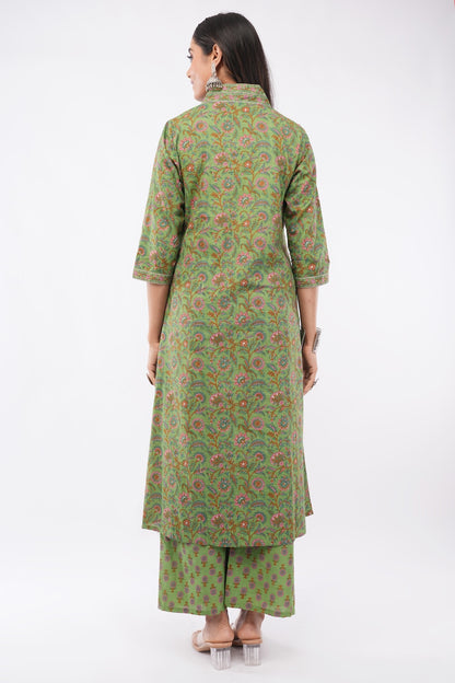 Women Cotton Ethnic Green Printed Anarkali Style 3 Piece Kurti Palazzo Set With Dupatta