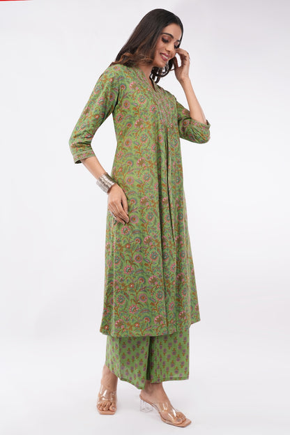 Women Cotton Ethnic Green Printed Anarkali Style 3 Piece Kurti Palazzo Set With Dupatta