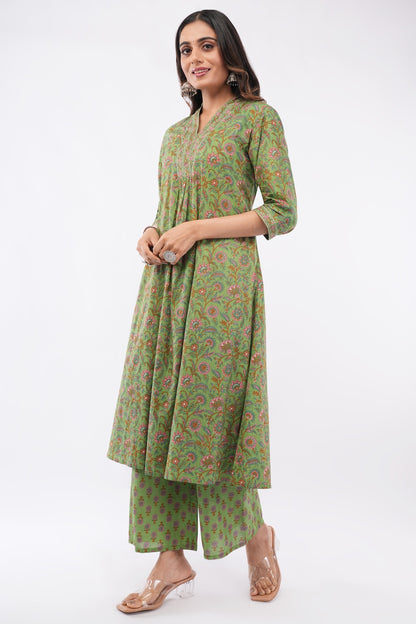 Women Cotton Ethnic Green Printed Anarkali Style 3 Piece Kurti Palazzo Set With Dupatta