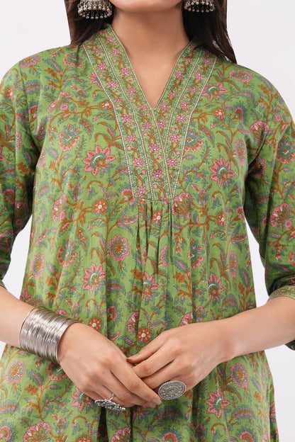 Women Cotton Ethnic Green Printed Anarkali Style 3 Piece Kurti Palazzo Set With Dupatta