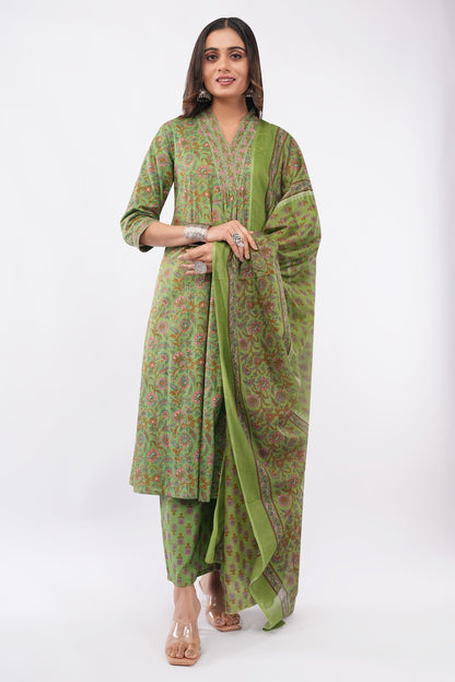 Women Cotton Ethnic Green Printed Anarkali Style 3 Piece Kurti Palazzo Set With Dupatta