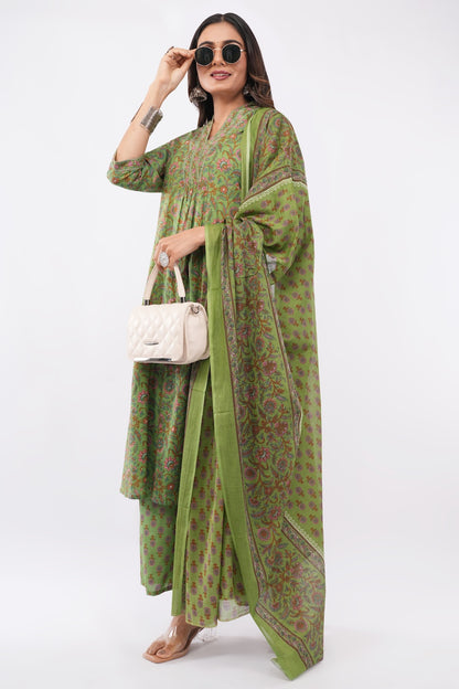 Women Cotton Ethnic Green Printed Anarkali Style 3 Piece Kurti Palazzo Set With Dupatta