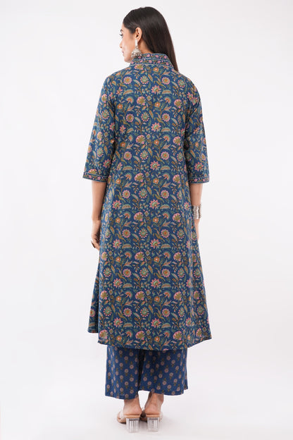 Women Cotton Ethnic Blue Printed Anarkali Style 3 Piece Kurti Palazzo Set With Dupatta