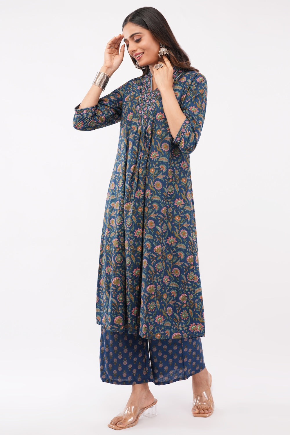 Women Cotton Ethnic Blue Printed Anarkali Style 3 Piece Kurti Palazzo Set With Dupatta