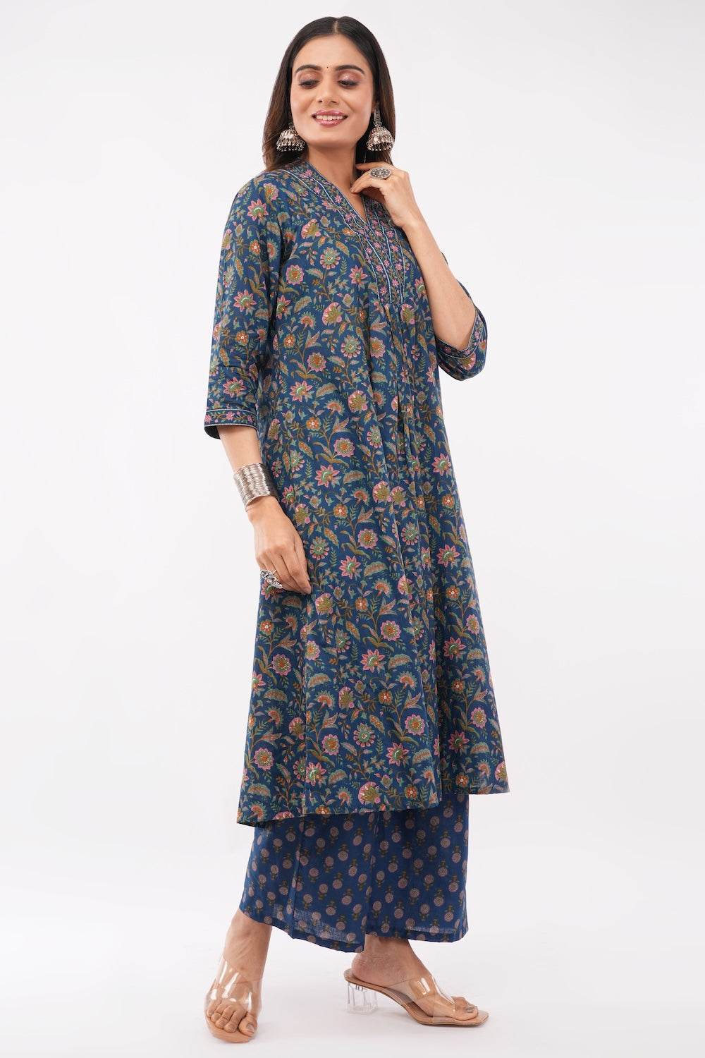 Women Cotton Ethnic Blue Printed Anarkali Style 3 Piece Kurti Palazzo Set With Dupatta