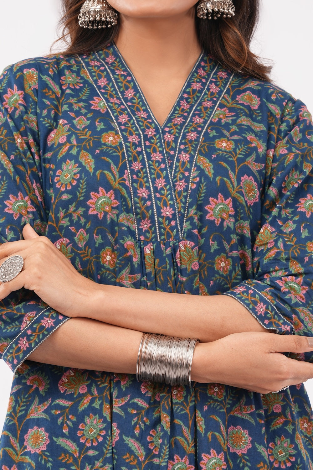 Women Cotton Ethnic Blue Printed Anarkali Style 3 Piece Kurti Palazzo Set With Dupatta