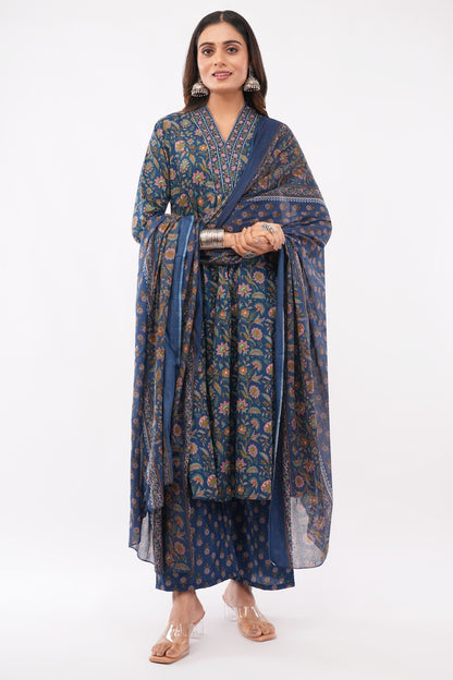 Women Cotton Ethnic Blue Printed Anarkali Style 3 Piece Kurti Palazzo Set With Dupatta