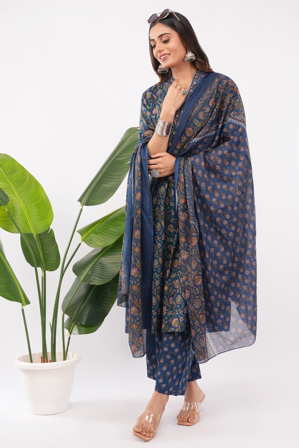 Women Cotton Ethnic Blue Printed Anarkali Style 3 Piece Kurti Palazzo Set With Dupatta