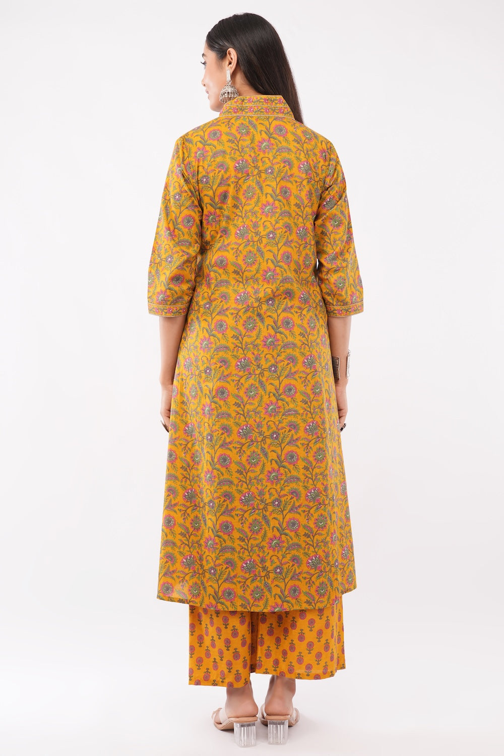 Women Cotton Ethnic Mustard Printed Anarkali Style 3 Piece Kurti Palazzo Set With Dupatta