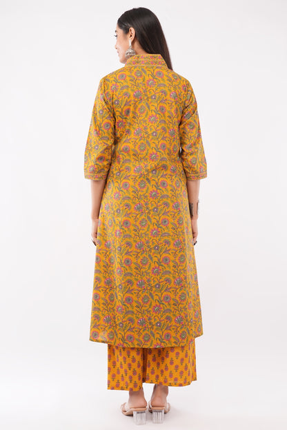 Women Cotton Ethnic Mustard Printed Anarkali Style 3 Piece Kurti Palazzo Set With Dupatta