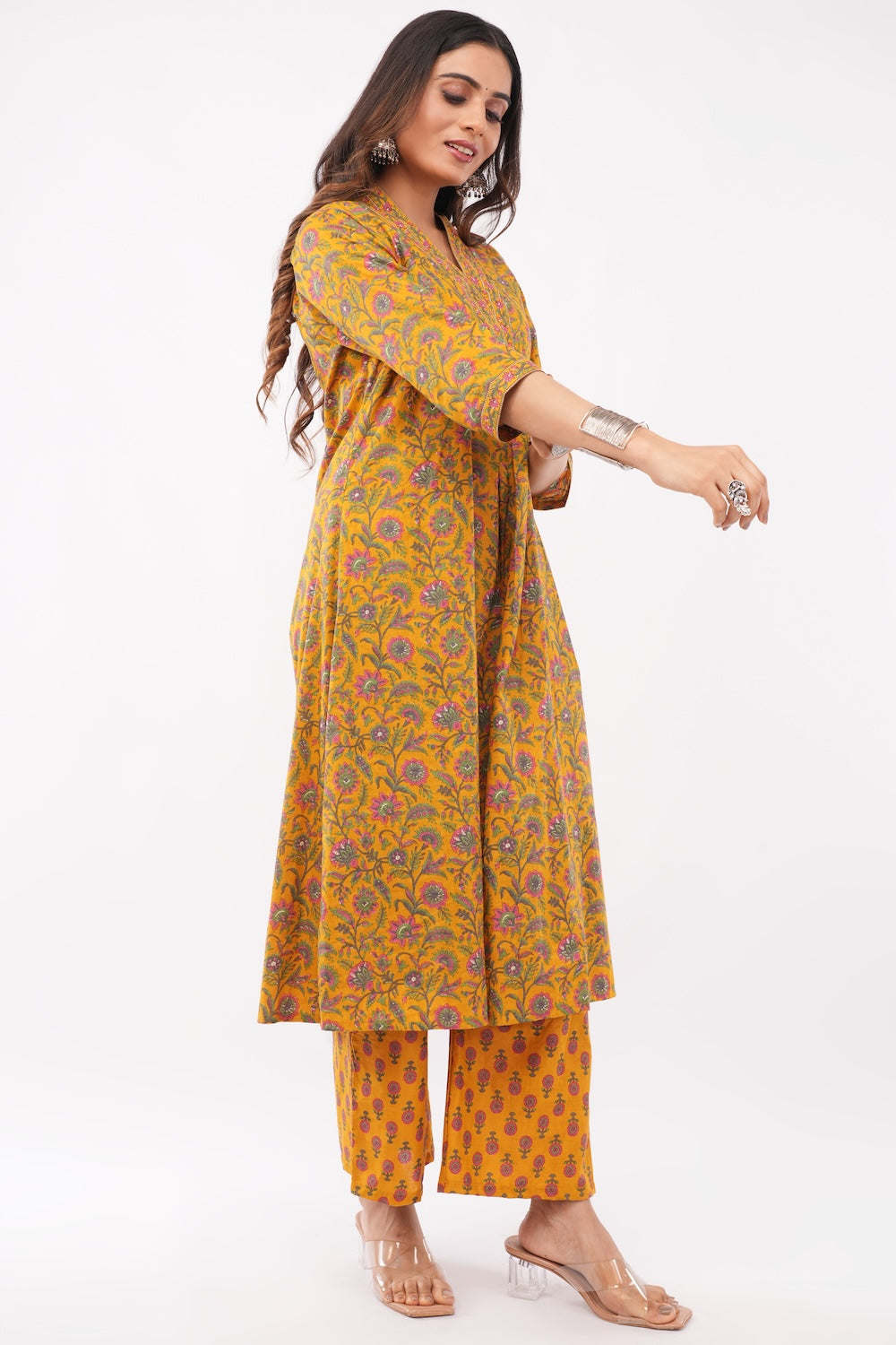 Women Cotton Ethnic Mustard Printed Anarkali Style 3 Piece Kurti Palazzo Set With Dupatta