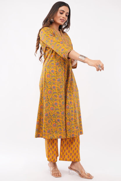 Women Cotton Ethnic Mustard Printed Anarkali Style 3 Piece Kurti Palazzo Set With Dupatta
