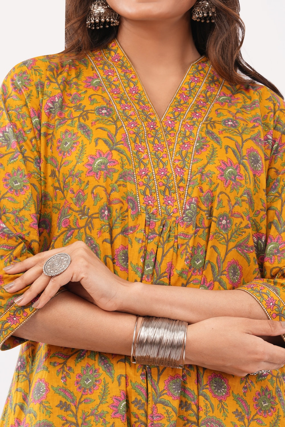 Women Cotton Ethnic Mustard Printed Anarkali Style 3 Piece Kurti Palazzo Set With Dupatta