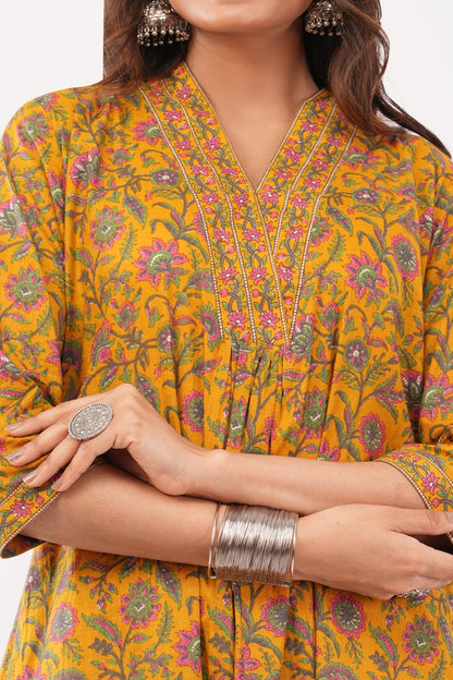 Women Cotton Ethnic Mustard Printed Anarkali Style 3 Piece Kurti Palazzo Set With Dupatta