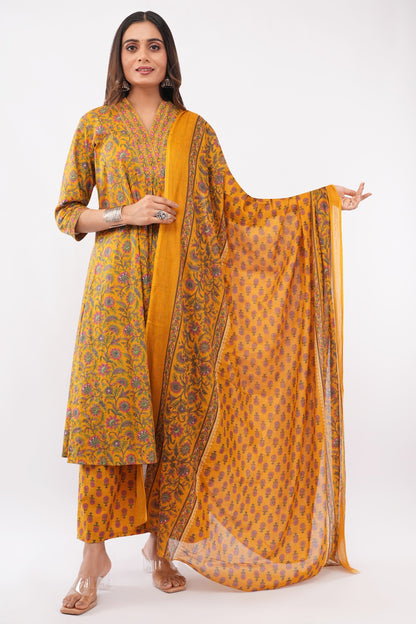 Women Cotton Ethnic Mustard Printed Anarkali Style 3 Piece Kurti Palazzo Set With Dupatta