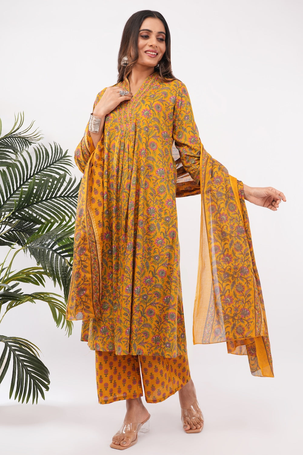Women Cotton Ethnic Mustard Printed Anarkali Style 3 Piece Kurti Palazzo Set With Dupatta