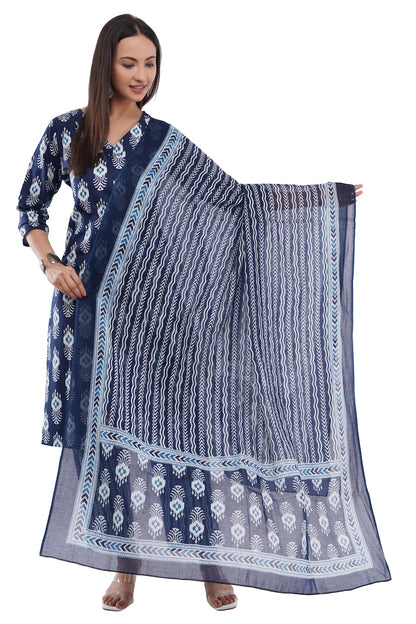 Women Cotton Indigo Blue Floral Printed Ethnic 3 Piece Kurta Pant Dupatta Set