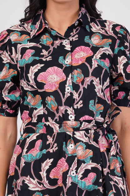 Midnight Love Short Sleeve Cotton Dress – Floral Elegance in Black