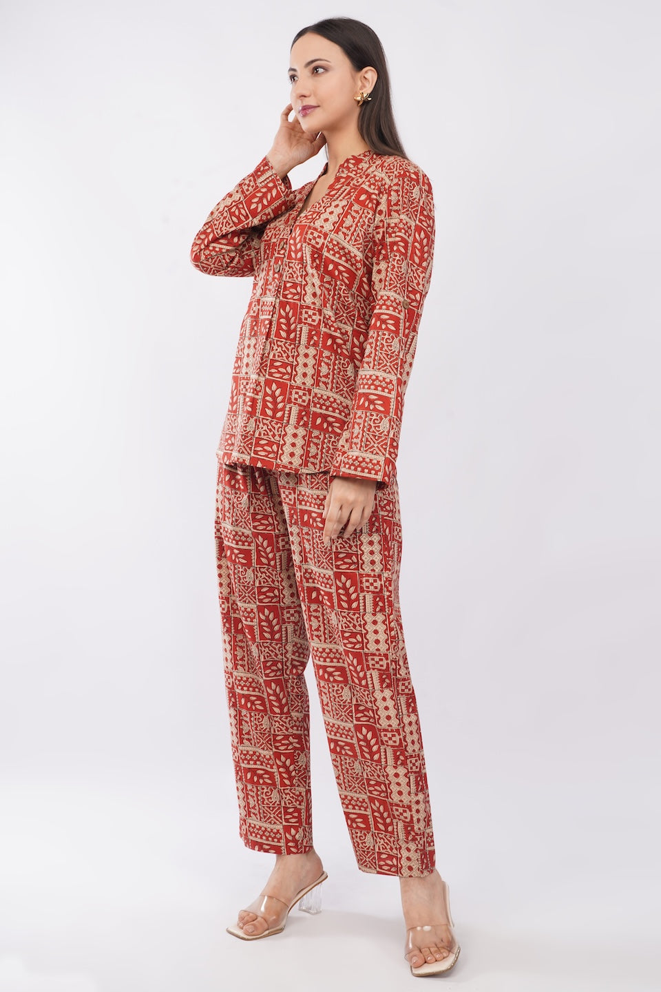 Antique Rust Floral Printed Women 2 Piece Cotton Co-Ord Set