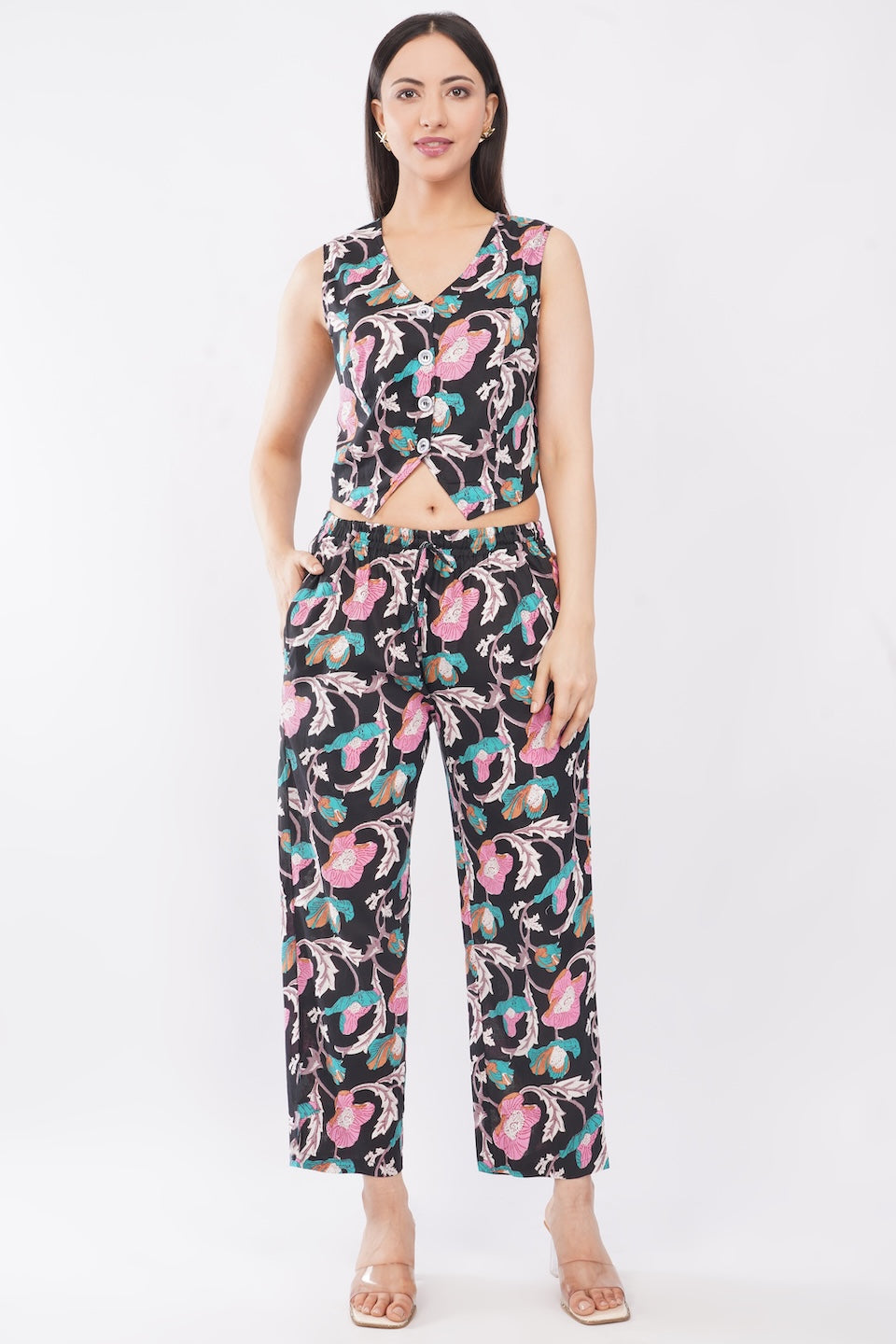 Cotton Midnight Floral Sleeveless Top & Palazzo Summer Casual Co-Ord Set