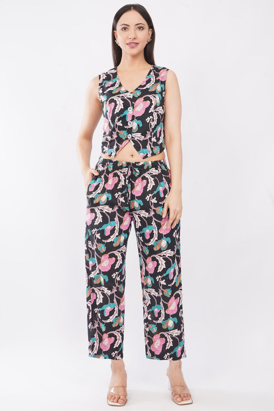 Cotton Midnight Floral Sleeveless Top & Palazzo Summer Casual Co-Ord Set